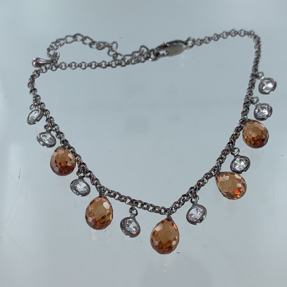 Sterling Silver Chain with CZ and Orange Briolette Bracelet - Picture 2 of 7